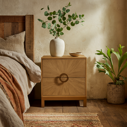 Ferrara Natural Oak Sunburst Bedside Table 2 Drawers