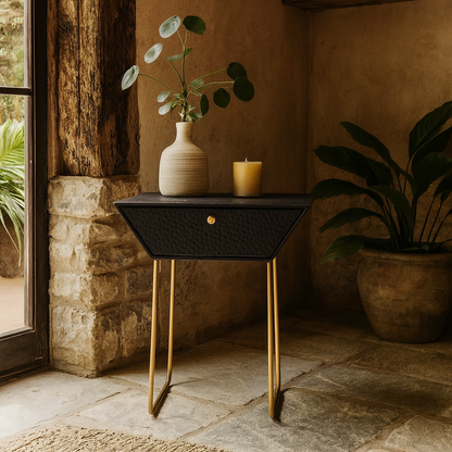 Ankara Black Metal 1 Drawer Bedside Cabinet With Hammered Gold Effect