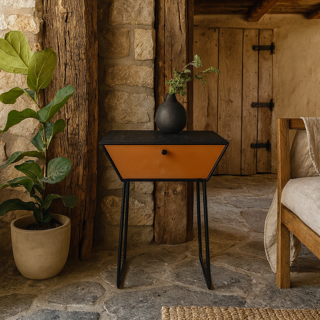 Faliraki Black Metal 1 Drawer Bedside Cabinet With Copper Drawer Front