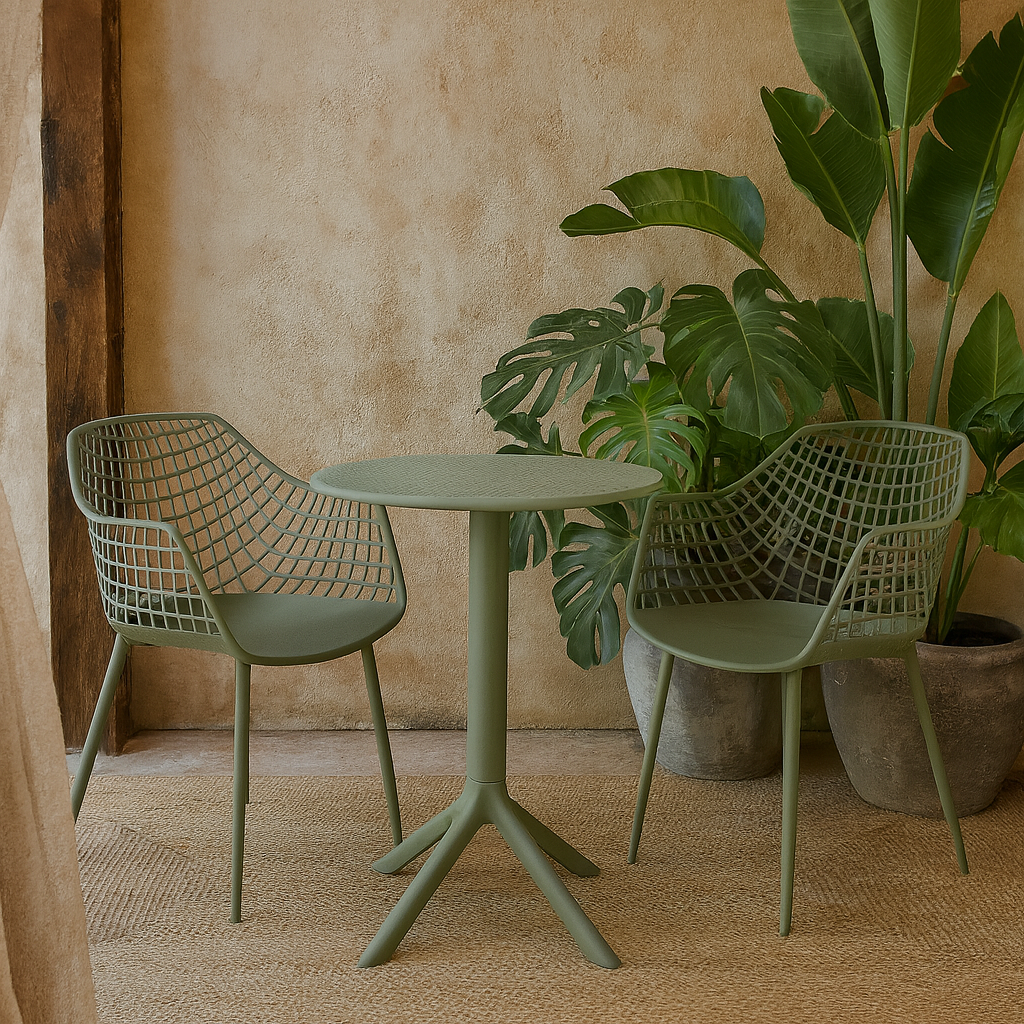 Cesme Moss Green Outdoor 3 Piece Lattice Bistro Table And 2 Armchair Set