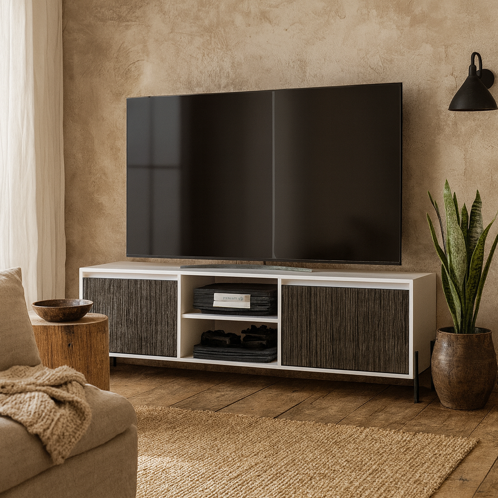 Didim White And Grey Oak Wood Ultra Wide TV Rack With 4 Doors