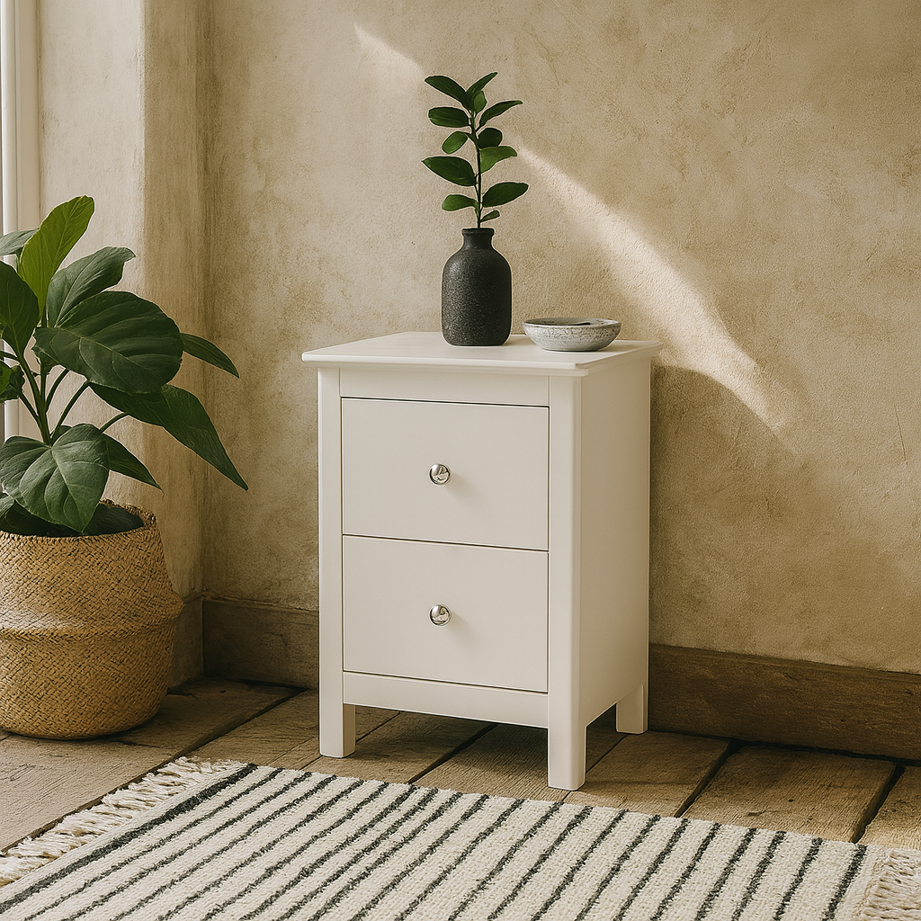Mainz White Wood 2 Drawer Bedside Cabinet