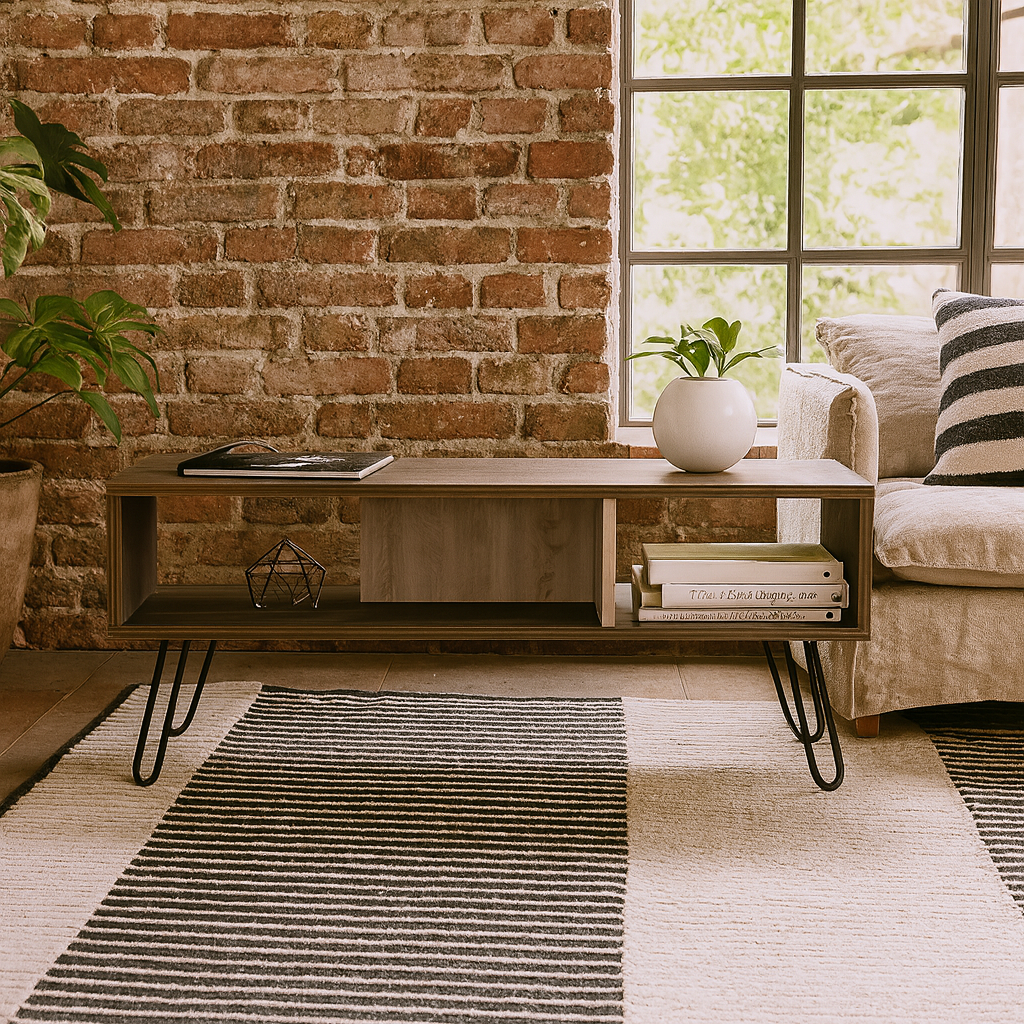 Thessaloniki Smoked Oak Wood Coffee Table With Grey Panel And Hairpin Legs