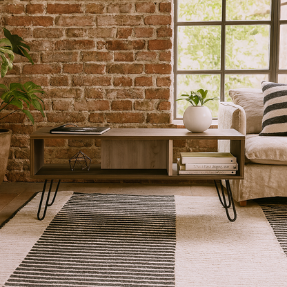 Thessaloniki Smoked Oak Wood Coffee Table With Grey Panel And Hairpin Legs