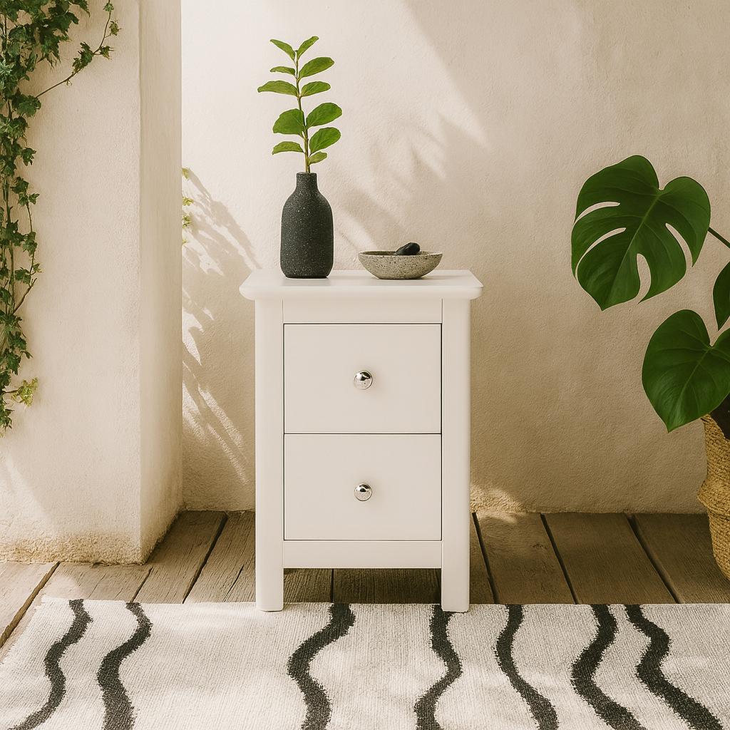 Iznik White Wood 2 Drawer Petite Bedside Cabinet