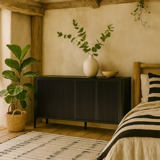 Modena Large Black Wood Ribbed Storage Sideboard