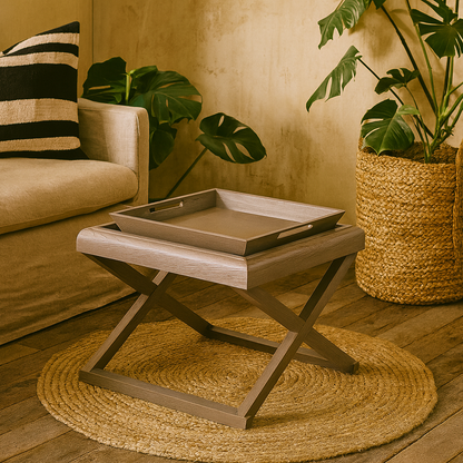 Lucca Grey Aged Oak Cross Frame Tray Side Table