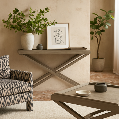 Siena Grey Ages Oak Cross Frame Tray Console Table