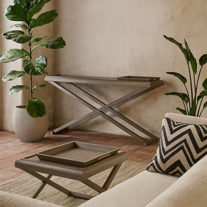 Siena Grey Ages Oak Cross Frame Tray Console Table