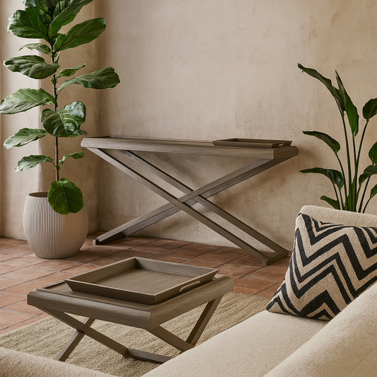 Siena Grey Ages Oak Cross Frame Tray Console Table