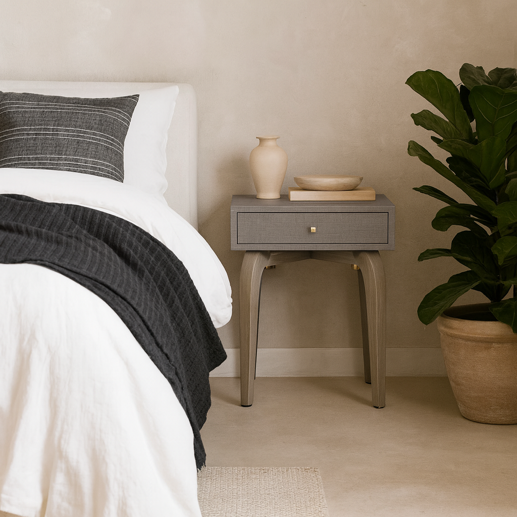 Cordoba Taupe Textured and Brass Bedside Table with Drawer