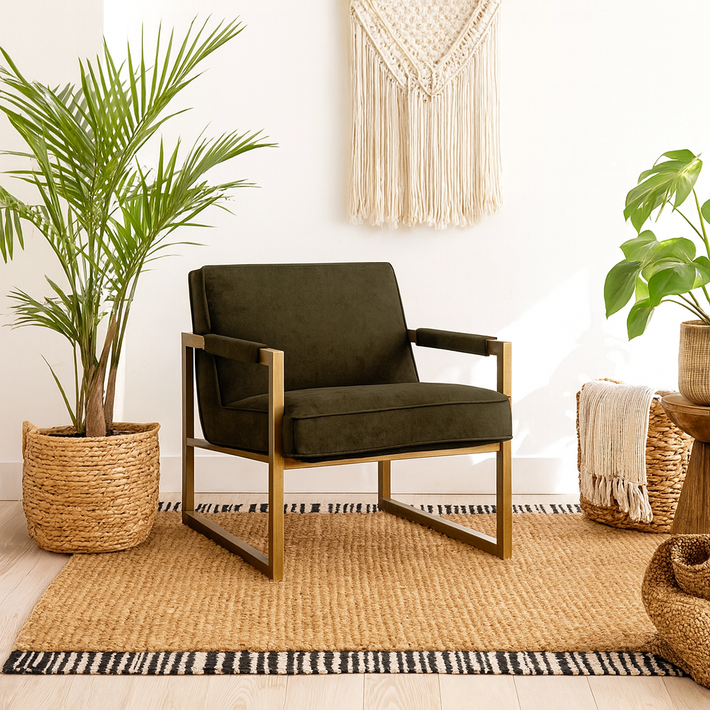 Firenze Olive Velvet and Bronze Armchair