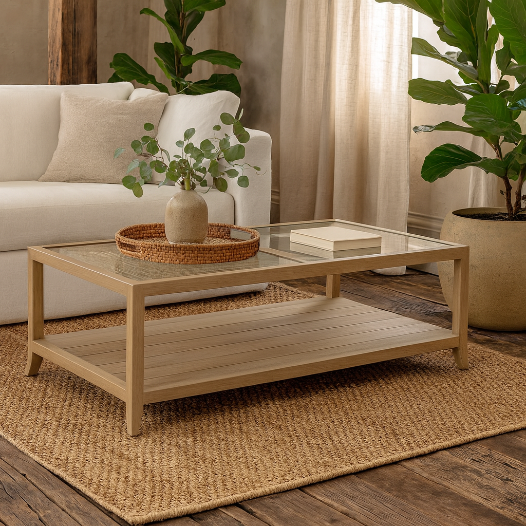 Portugal Natural Oak and Cane Glass Top Coffee Table