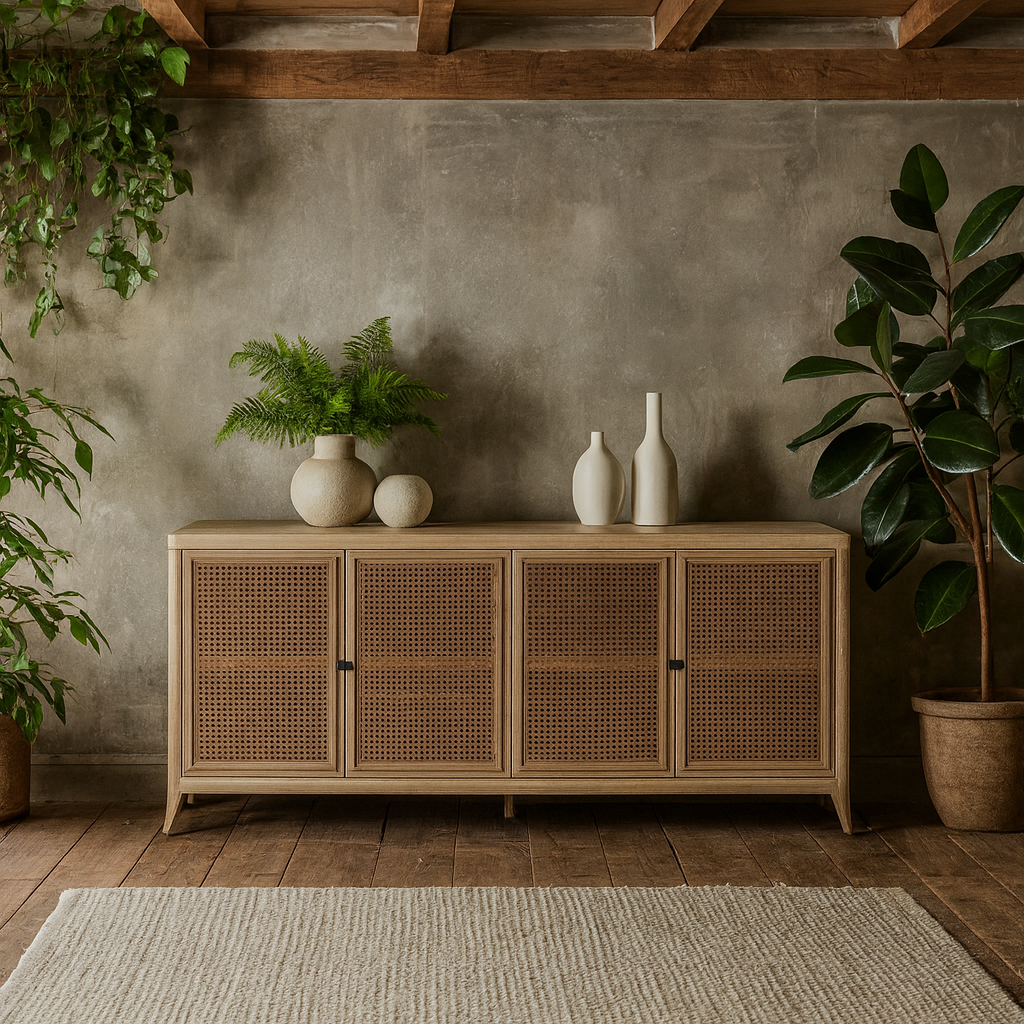 Ilhabela Natural Oak and Rattan 4 Door Sideboard