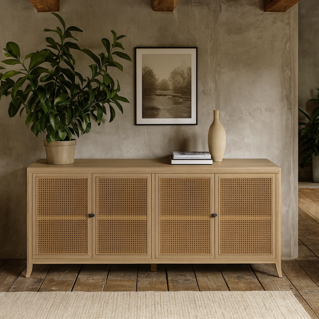 Ilhabela Natural Oak and Rattan 4 Door Sideboard