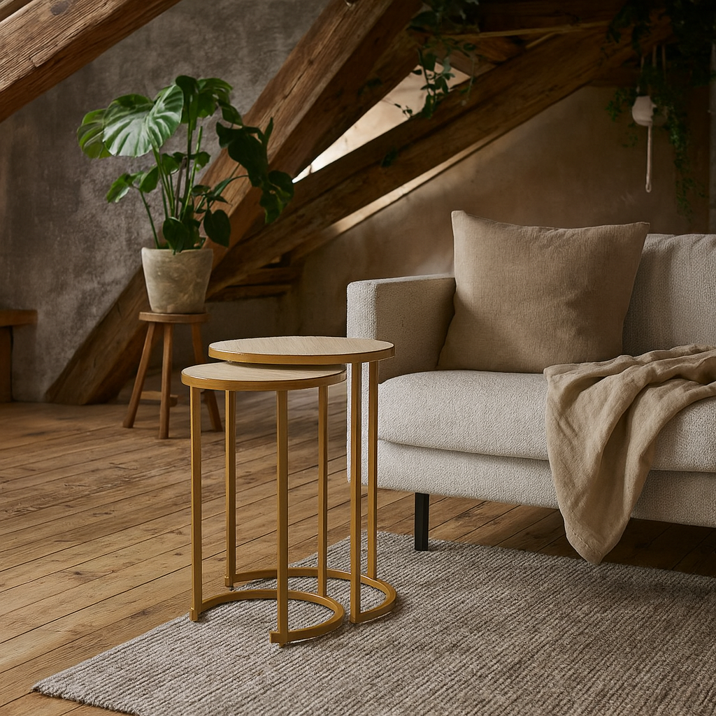 Set of 2 Buzios Cream Shagreen and Brass Nesting Tables