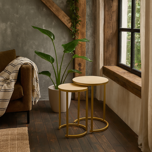 Set of 2 Buzios Cream Shagreen and Brass Nesting Tables