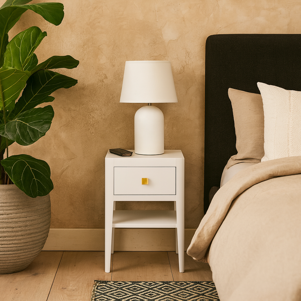 Krut White Wood Grain 1 Drawer Bedside Table with Open Shelf