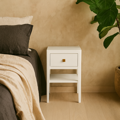 Krut White Wood Grain 1 Drawer Bedside Table with Open Shelf