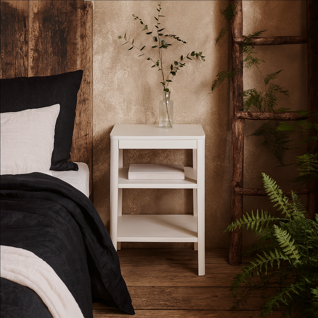 Itacare White Wood Grain Two Shelf Bedside Table