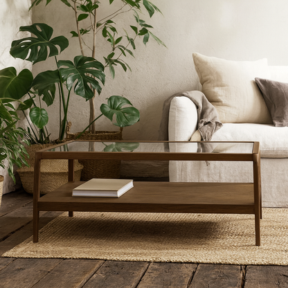 Denver Walnut Wood and Glass Top Coffee Table with Bottom Shelf