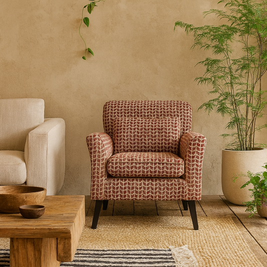 Olinda Terracotta Red Patterned Fabric Upholstered Accent Armchair