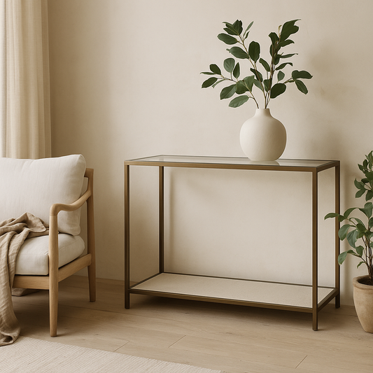 Aracaju Ivory Shagreen and Brass Glass Top Console Table