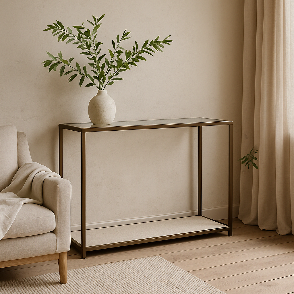 Aracaju Ivory Shagreen and Brass Glass Top Console Table