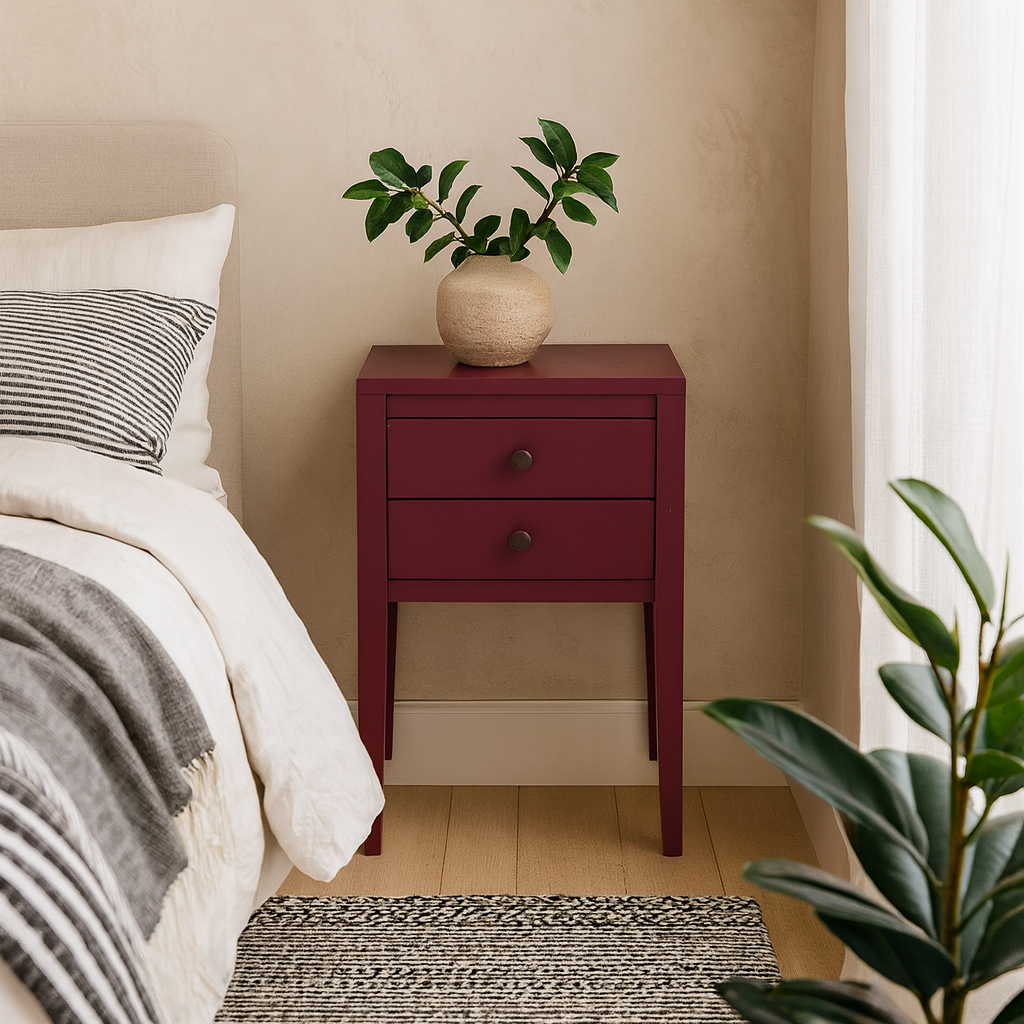 Paraty Plum Red Wood Grain Two Drawer Bedside Table