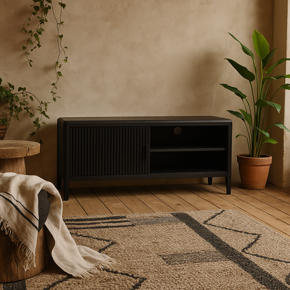 Goiania Black Wood Ribbed 1 Door TV Unit with Open Shelves