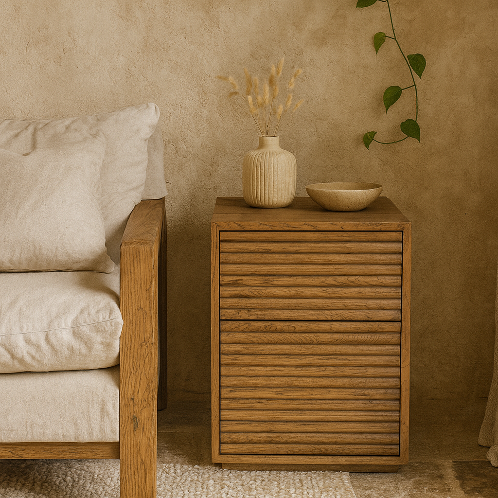 Velagio Natural Oak Ribbed 2 Drawer Bedside Table