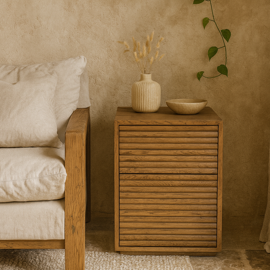 Velagio Natural Oak Ribbed 2 Drawer Bedside Table