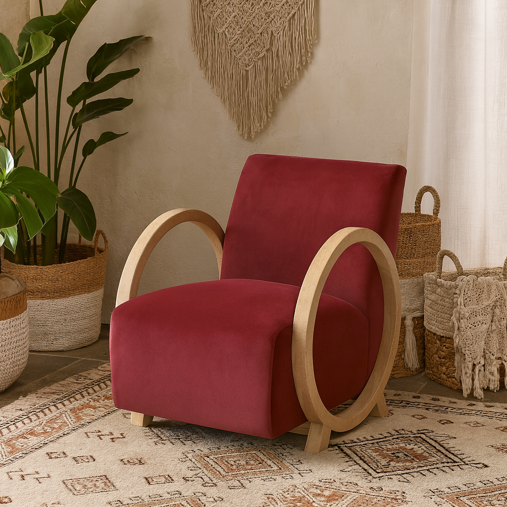 Aracaju Plum Red Velvet and Oak Ring Armchair