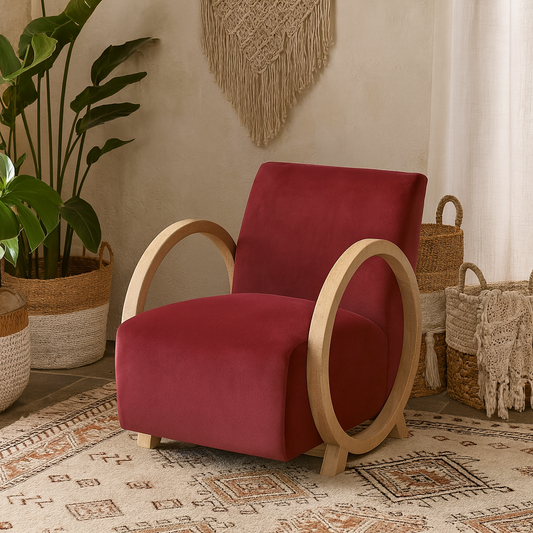 Aracaju Plum Red Velvet and Oak Ring Armchair