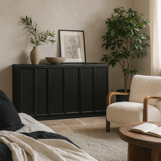 Dali Black Wood 4 Panelled Door Sideboard