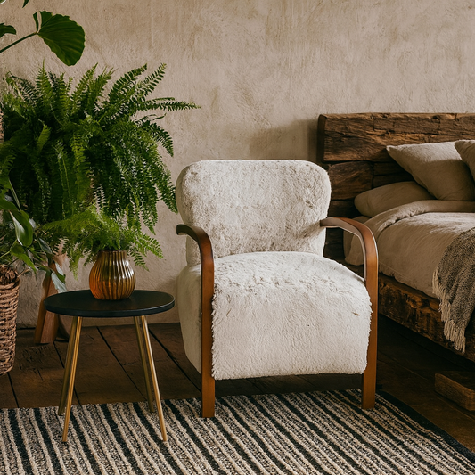 Luna Cosy Upholstered Natural Faux Shearling and Wood Cosy Accent Armchair