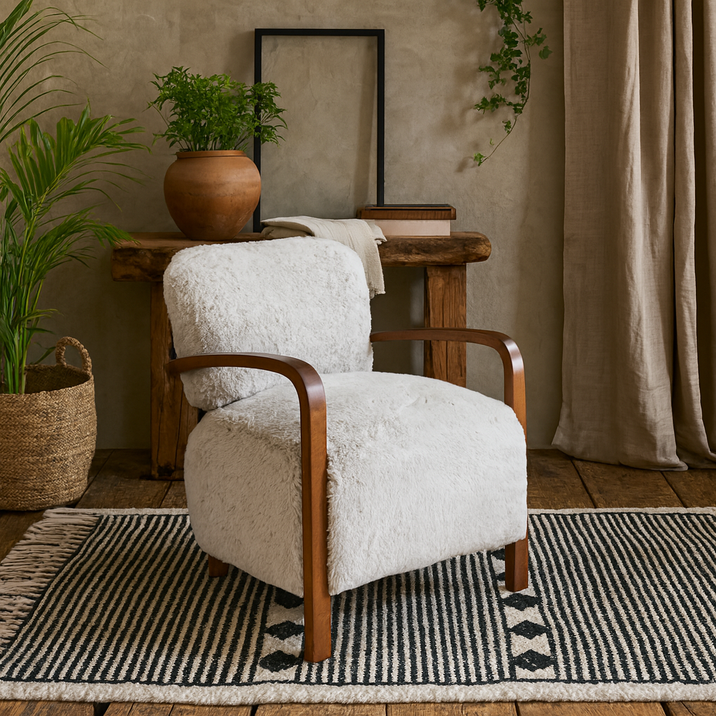 Luna Cosy Upholstered Natural Faux Shearling and Wood Cosy Accent Armchair