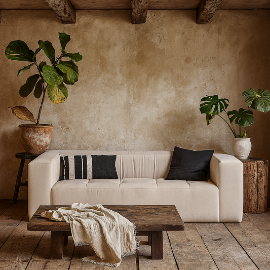 Tibet Cosy Natural Fabric Upholstered Block 3 Seater Sofa