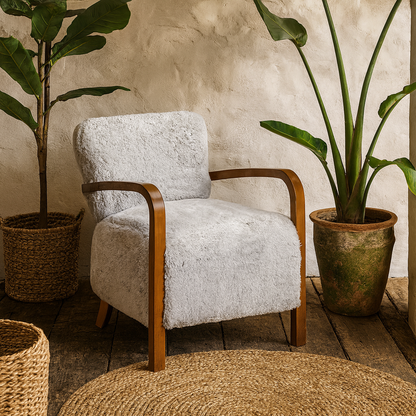 Luna Cosy Upholstered Grey Faux Shearling and Wood Cosy Accent Armchair