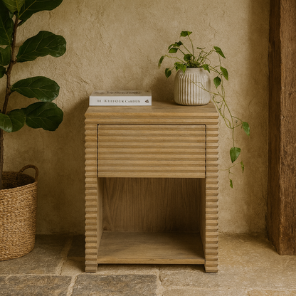 Mandarina Weathered Oak Ribbed One Drawer Bedside Table