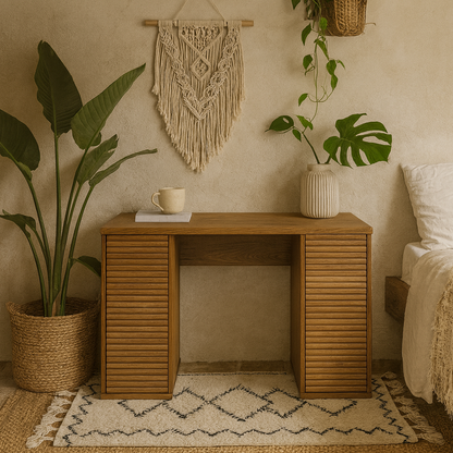 Mandarina Retro Natural Walnut Ribbed Desk with Storage