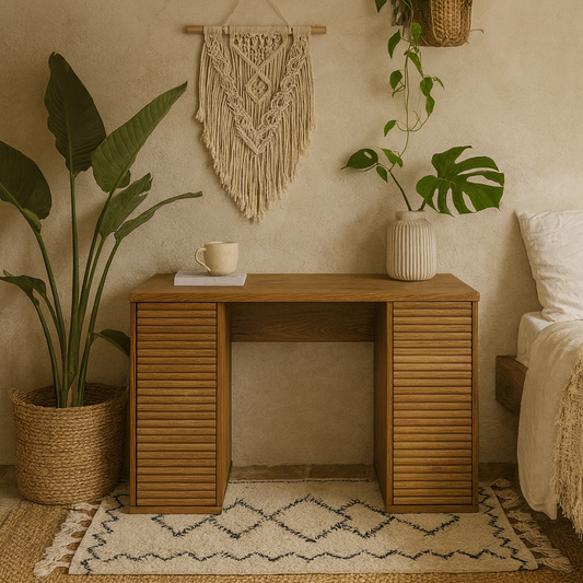 Mandarina Retro Natural Walnut Ribbed Desk with Storage