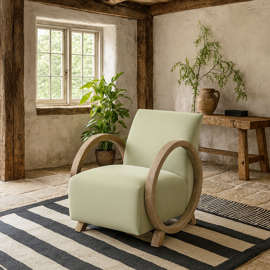 Aracaju Sage Green Velvet and Oak Ring Armchair