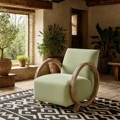 Aracaju Sage Green Velvet and Oak Ring Armchair