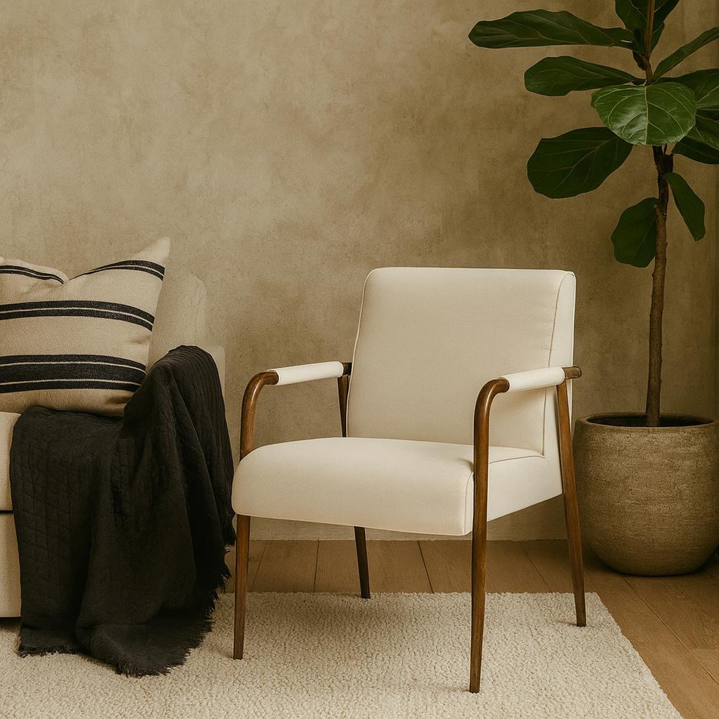 Luxemburg Upholstered Cream Velvet and Brass Armchair