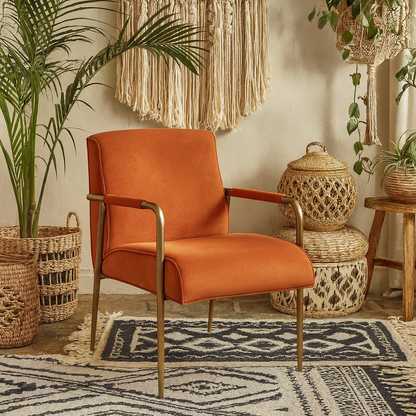 Luxemburg Upholstered Burnt Orange Velvet and Brass Armchair