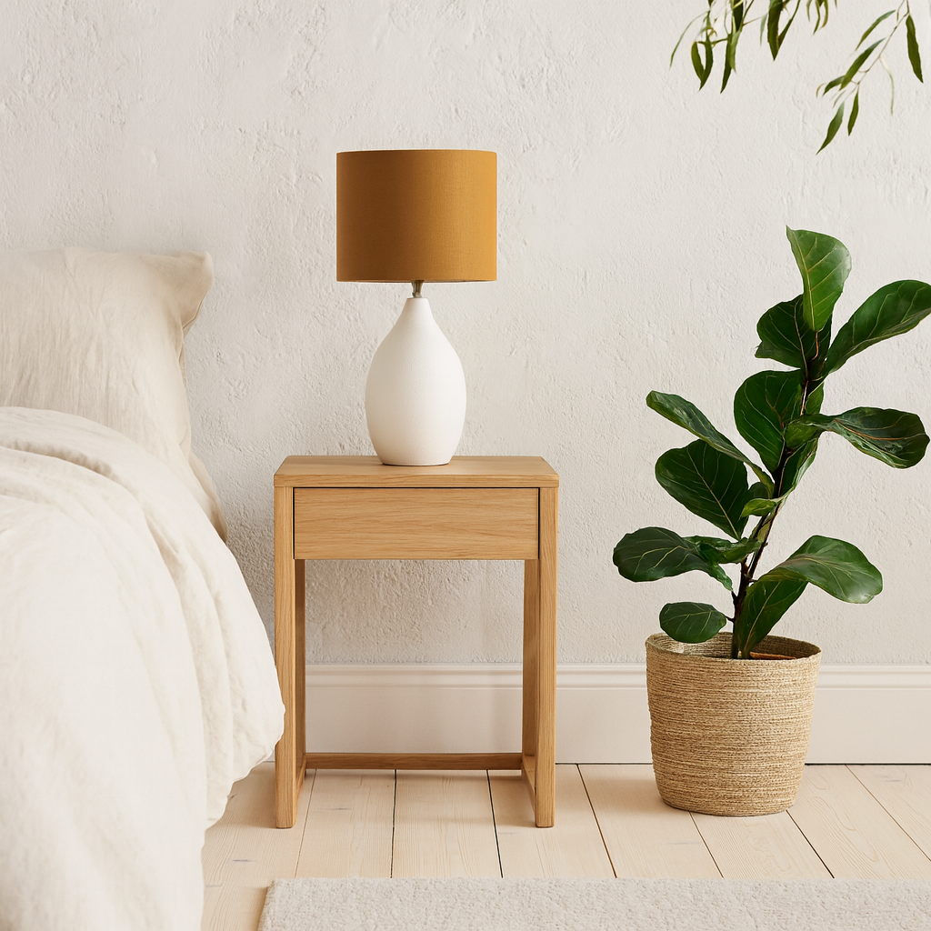 Long Island Large Round White Bamboo Table Lamp with Ochre Shade
