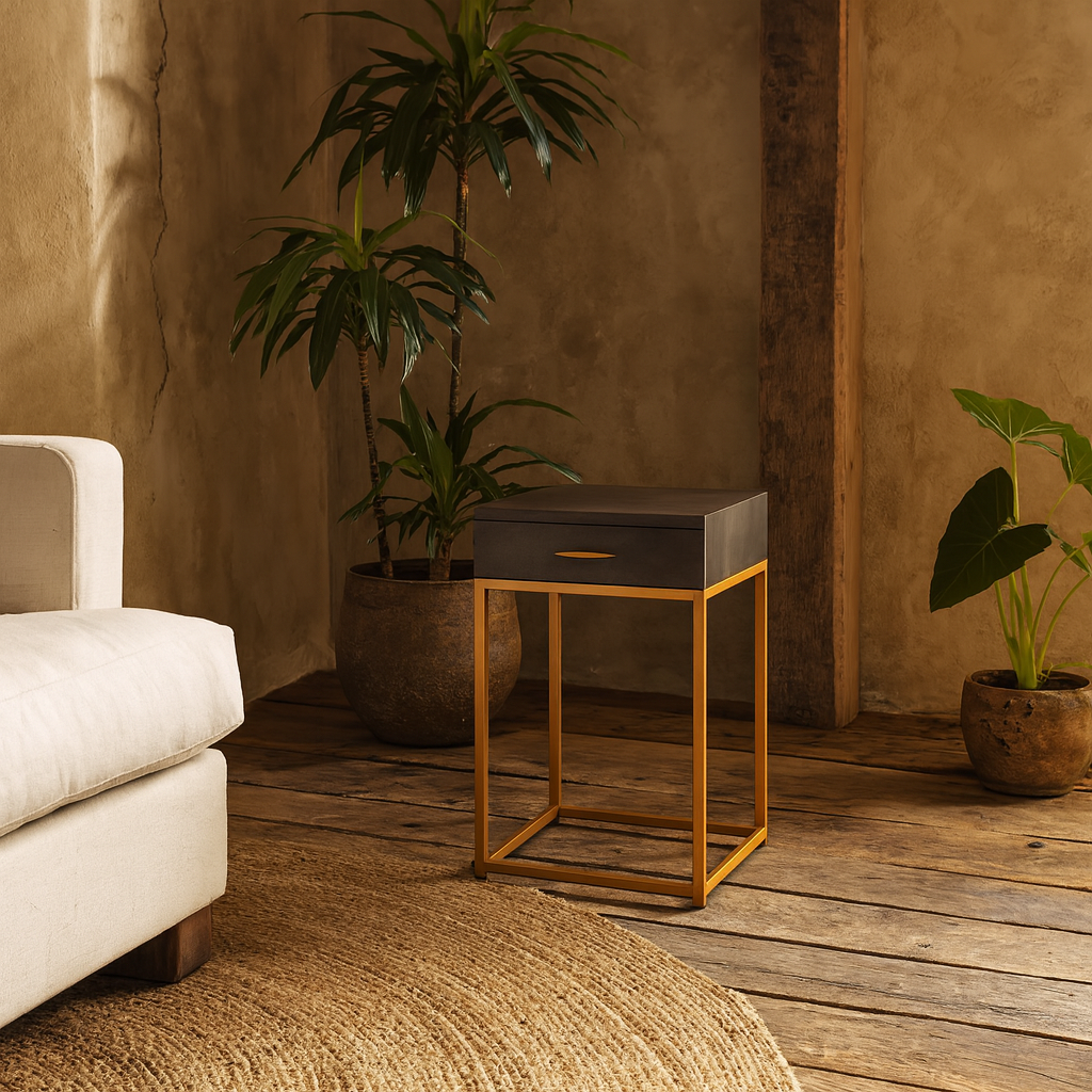 Mandalo Brown Shagreen and Brass 1 Drawer Side Table