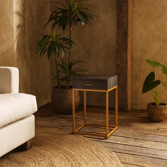 Mandalo Brown Shagreen and Brass 1 Drawer Side Table