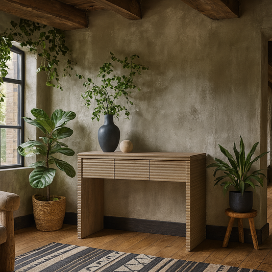 Mandarina Weathered Oak Ribbed Three Drawer Desk